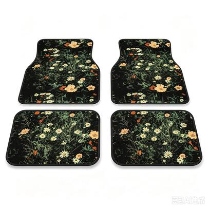 Bohemian White Daisy Wildflower Black Floral A Set Of Four Printed Car Floor Mats, Including Front And Rear Carpet Floor Mats, Car And Truck Accessories
