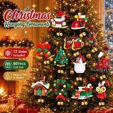 601PCS Christmas Hanging Ornaments Large Building Blocks Set, 12 Styles Included, Santa Reindeer Snowman Train Wreath Tree Decorations, Hang Or Display Holiday Home Decor, Sold As One Set - Multicolor - View 2