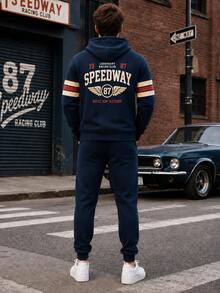 Men's Speedway 87 Vintage Letter Print Hoodie + Joggers 2 Pieces Set, Retro Striped Sleeve Drawstring Sports Outfit - Multicolor - View 2