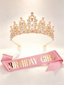 生日女孩皇冠肩帶 粉金色字母肩帶 生日快樂配件 金色粉色生日髮箍 公主髮飾 生日派對禮物 - 金粉 - 查看 1