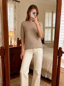 Damen Große Größen weiches 15% Wollmischung Strick Kurzarm Top, Basic Rundhals einfarbig Halbarm leicht Luxus minimalistisch dünne Innenschicht Strickpullover - Khaki - Übersicht 5