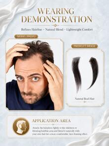 Men's Sideburn & Hairline Lace Patches, 2 Pieces Set, 100% Real Human Hair, Hand-Woven, Natural Texture, Lightweight Breathable Invisible Lace Base, Fills Sideburn & Hairline Gaps For A Fuller Look, Easy To Wear & Maintain. - Natural Black - View 5