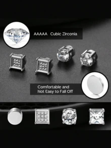 4 Pasang Jepit Telinga Magnetik Stainless Steel, Jepit Telinga Persegi Bulat Tanpa Tindik dengan Batu Zirkonia Kubik, Set Perhiasan Netral Unisex - Anting magnet (4 buah) - View 2