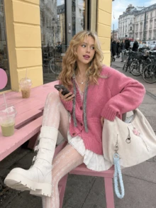 Women's Autumn/Winter Youthful Minimalist Hooded Cardigan Sweater Jacket - Rose Pink - View 2