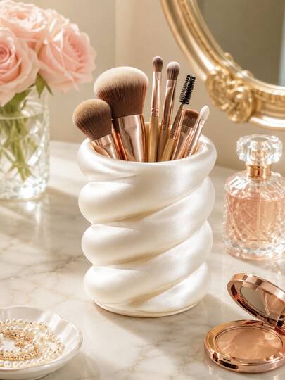 1pc Elegant Spiral Makeup Brush Holder, Pearl White Twisted Vanity Storage Cup, Suitable For Makeup Brushes, Makeup Tools, Eyebrow Pencils And Lip Products, Fashionable Bedroom Bathroom Countertop Decor, Bathroom Accessories, Toothbrush Holder, Brush Holder