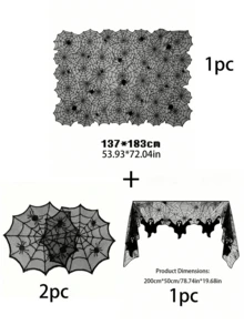 1 Set Halloween Tablecloth Set (Spider Web Lace Tablecloth, Fireplace Cloth, Placemats, Bat Stickers) Black Hollow Mesh Material Party Table Runner Halloween Table Decor Cover Suitable For Home, Restaurant, Bar, Haunted House, Escape Room, Costume Party, Holiday Party - Multicolor - View 18