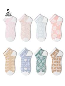 ZUJO 5 Pairs Women's Lace Ruffle Short Socks, Floral, Cable Knit And Bowknot Patterns, Simple And Comfortable, Suitable For All Seasons, French Country Style, Random Color - Multicolor - View 6
