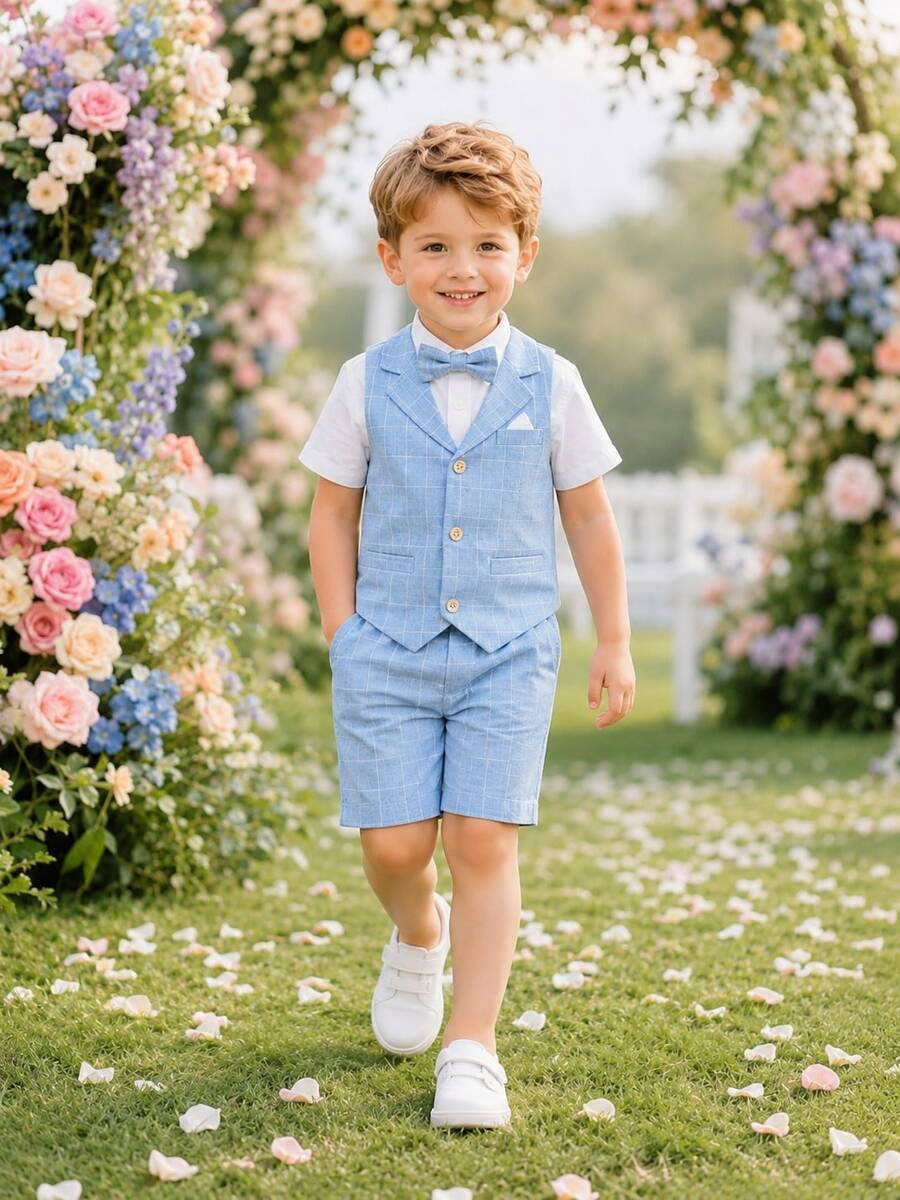 年輕男孩新款夏季兒童表演禮服套裝,婚禮/環節男童服裝,3件套背心褲裝領帶 - 藍色 - 查看 1