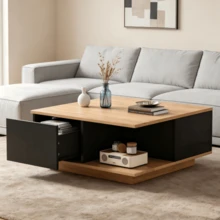 70 X 70 X 31.5 Cm Coffee Table With 3 Drawers, Geometric Coffee Table, High-Gloss Living Room Table, Sofa Table, Side Table, Suitable For Small Spaces, Black + Natural Wood Color - Dark Brown + Black - View 8