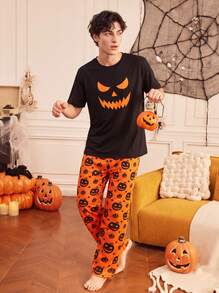Notgurli 4-Piece Couples' Set: Women's & Men's Halloween Pajamas – Fun, Comfortable Pumpkin-Print Loungewear For Autumn/Winter - Multicolor - View 4