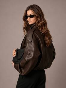 HZXVIC Women's Autumn New Arrival Retro American Cool Girl PU Leather Standing Collar Heavy-Duty Design Jacket Coat - Brown - View 2