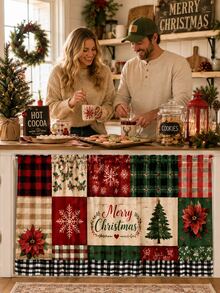1pc Red Green Christmas Patchwork Cabinet Curtain, Farmhouse Polyester Rectangular Under Sink Skirt With Buffalo Plaid Ruffle Hem, Decorative Kitchen Cover Panel For Christmas Decorations For Home, Home Decor, Kitchen Essentials - Multicolor - View 7