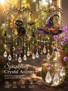 Light-Catching Hanging Wind Chime, Painted Glass Style Halloween Window Decor, Ghost Skeleton Witch Hat Black Cat Crystal Pendant, Home & Garden Decoration - A - View 9