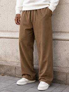 Men's Casual Faux Suede Wide-Leg Drawstring Pants, Loose Fit Elastic Waist Straight-Leg Trousers For Fall & Winter - Brown - View 4