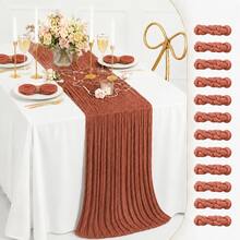 12pcs Clay Color Gauze Table Runner, 35*120 Inch Sheer Table Runner, Semi-Transparent Pleated Bohemian Country Style Table Runner, Suitable For Wedding Party, Baby Shower, Birthday, Bridal Shower, Thanksgiving, Friendsgiving, Engagement Party, Home Decor - Rust Red - View 14