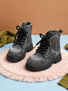 1 Pair Kids Vintage Denim Texture Boots With Embroidery And Side Zipper, Suitable For School, Commuting, Daily Casual Wear, Autumn/Winter - Black - View 8