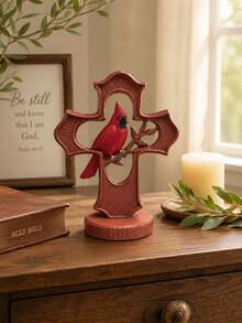 1pc Red Cardinal Figurine On Cross, Christmas Cardinal Bird Statue, Rustic Faith Tabletop Decor For Fireplace Mantel Shelf Bookshelf Living Room, Holiday Christian Home Decoration - Multiple Styles - View 5