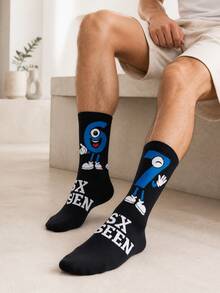 2 Pairs Men's Fun Mid-Calf Socks, Fun "67" Number Pattern, Fashionable Hip-Hop Design, American Vintage Style, Unisex, Suitable For Autumn/Winter Wear, Great For Gifts - Black - View 3