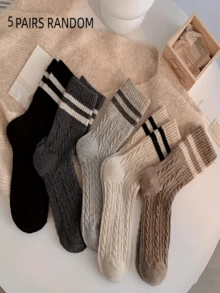 5 Pairs Random Color Autumn/Winter Women's Mid-Calf Thick Warm Socks, Ins Japanese School Style Retro Cable Knit Striped Versatile Slouch Socks - Multicolor - View 10