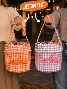Tas Permen Halloween dengan Nama Kustom, Ember Permen Halloween Motif Kotak-kotak yang Dipersonalisasi dengan Pegangan, Suvenir Pesta , Hadiah Halloween - MultiWarna - View 5