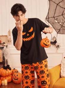 Notgurli 4-Piece Couples' Set: Women's & Men's Halloween Pajamas – Fun, Comfortable Pumpkin-Print Loungewear For Autumn/Winter - Multicolor - View 3