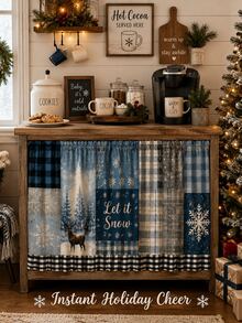1pc Blue Snowflake Deer Under Sink Curtain, Rustic Polyester Rectangular Cabinet Skirt With Patchwork Design And Plaid Ruffle Hem, Decorative Kitchen Cover For Winter Home Decor, Christmas Decorations For Home, Kitchen Essentials - Multicolor - View 3