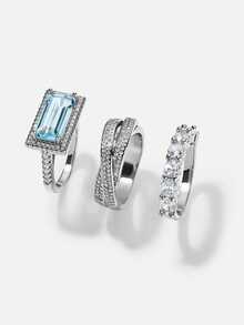 3pcs Vintage Navy Blue Personalized Rings, Silver Tone Multi-Layer Zirconia Halo Design, Emerald Cut Craftsmanship, Art Deco Style Design, Suitable For Bridal Wear And Special Occasion Matching - Silver - View 8