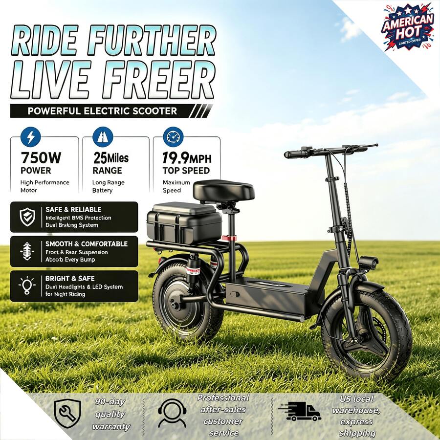ASKGO 750W Folding Electric Scooter For Adults With Rear Basket & Seat, High Speed Off-Road/Urban Commuting E-Scooter, Shock Absorbing Comfort Driveway Motor Scooter, Backlit Display, Portable Cargo Grocery Scooter - Black - View 1