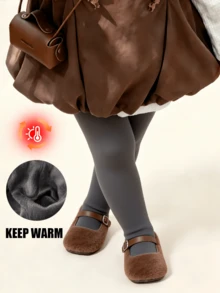 1 Pair Girls/Children/Kids Vintage Solid Color Stirrup Tights, Classic Minimalist Casual Fleece Lined Thick Warm Leggings, Skin-Friendly Soft Breathable Fashion Versatile Dance Sports Tights, Suitable For Autumn/Winter Daily Wear/Holiday Gifts/Outings/Back To School/Skiing - Grey - View 3