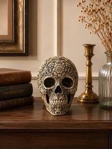 1pc Resin Skull Floral Human Skull Model, Adult Skull Skeleton Model, Day Of The Dead Decoration, Vintage Style Home Desktop Ornament, Horror Party Prop, Unique Collectible Model Gift - 1PC - View 3