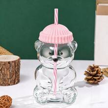 Mini Bear-Shaped Glass With Green Cap And Straw - Cute Transparent Bear Bottle, Adorable Bear-Shaped Container, Suitable For Juices, Smoothies, And Teas - Ideal Beverage Container And Gift For The Office And Parties (Hand Wash Only) - Bear Design - Pink - View 8