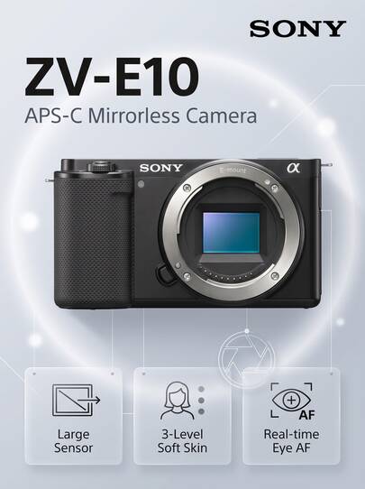 Sony ZV-E10 Cámara mirrorless negra|Sensor APS-C de 24.2 MP|Enfoque con seguimiento ocular en tiempo real|3 modos de suavizado de piel|Pantalla táctil abatible lateral|Ideal para vlogs y transmisiones en vivo