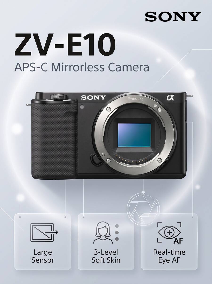 Sony ZV-E10 Black Mirrorless Camera | APS-C 24.2MP | Real-Time Eye AF | 3 Skin Softening Modes | Side-Opening Touchscreen | Optimized For Vlogging And Live Streaming