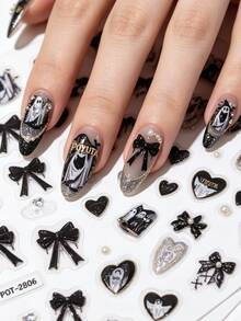 2PCS Dark Bow Ghost Nail Stickers, Fun Eyeball, Butterfly & Heart Nail Slides, Autumn/Winter Halloween Theme, Sweet Cool Style, Ins Asymmetrical Shape, Suitable For Women DIY Or Nail Salon - Multicolor - View 1
