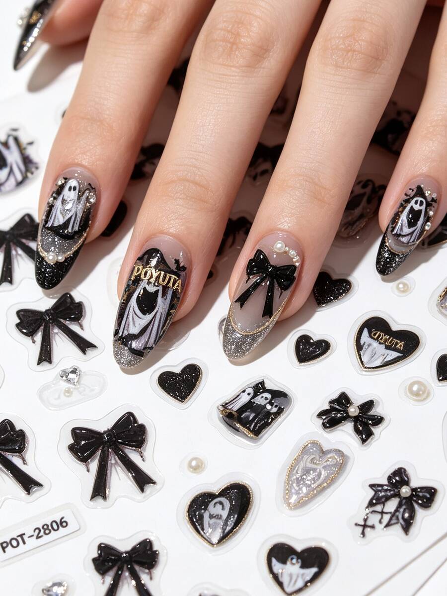 2PCS Dark Bow Ghost Nail Stickers, Fun Eyeball, Butterfly & Heart Nail Slides, Autumn/Winter Halloween Theme, Sweet Cool Style, Ins Asymmetrical Shape, Suitable For Women DIY Or Nail Salon - Multicolor - View 1