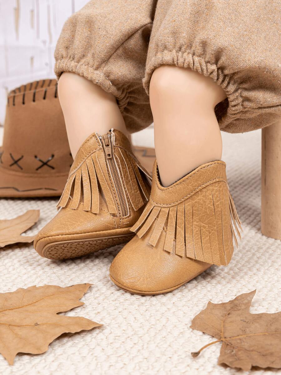Infant Western Style Fringe Denim Ankle Boots, Side Zipper Easy On/Off Comfortable Soft Infant Boots