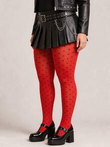 1PC Women's Plus Size Red Polka Dot Tights, Black Dot Pattern Pantyhose, Curve Fit Retro Fashion Stockings - Red - View 2