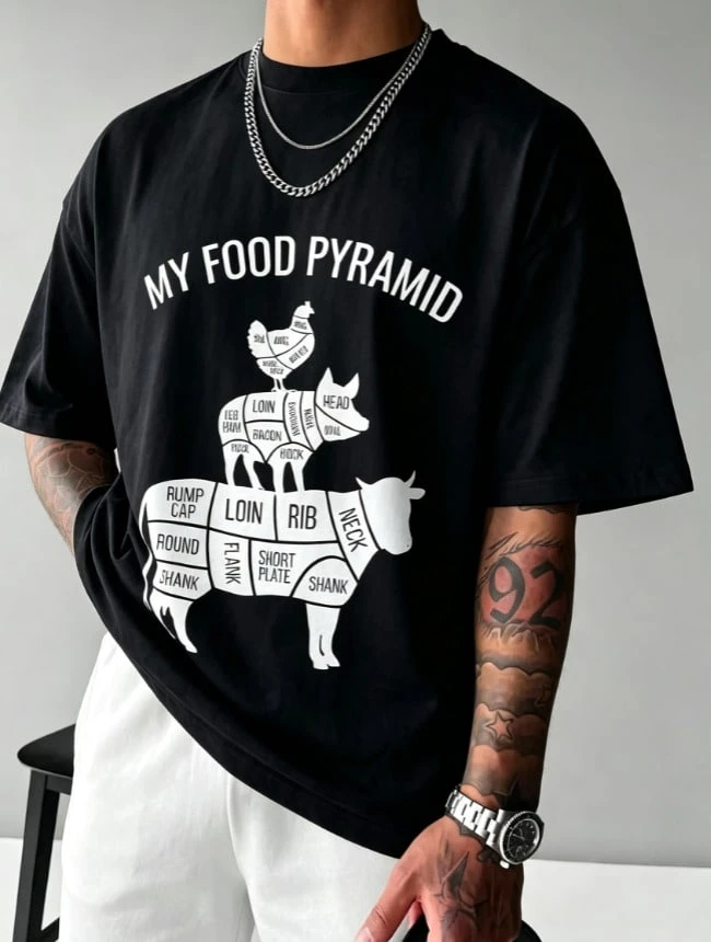 "Food Pyramid" Carnivore Cow Funny Summer Streetwear Tee. Unisex Classic, Stylish, Original, Comfortable, Top Quality, Top! - Black - View 1