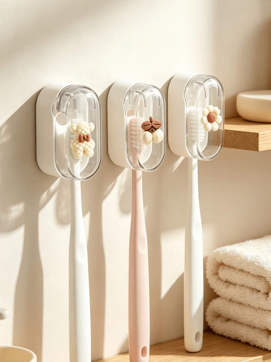 Drill‑Free Wall‑Mounted Toothbrush Holder With Auto‑Close Dustproof Cover, Cute Decorative Toothbrush Storage Rack, Punch‑Free Bathroom Organizer For Vanity Countertop, Simple Dust‑Cover Toothbrush Storage Box For Home Bathroom Dorm Use