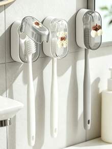 Drill‑Free Wall‑Mounted Toothbrush Holder With Auto‑Close Dustproof Cover, Cute Decorative Toothbrush Storage Rack, Punch‑Free Bathroom Organizer For Vanity Countertop, Simple Dust‑Cover Toothbrush Storage Box For Home Bathroom Dorm Use - Multicolor - View 4