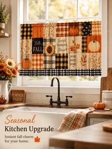 1pc Orange Beige Pumpkin Sunflower Patchwork Under Sink Curtain, Rustic Polyester Rectangular Rod Pocket Cabinet Cover With Plaid Ruffle Hem, Decorative Concealer For Kitchen Storage, Fall Decor, Home Decor, Kitchen Essentials - Multicolor - View 3