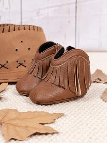 Infant Western Style Tassel Denim Ankle Boots, Side Zipper Easy On/Off Comfortable Soft Infant Boots - Brown - View 4