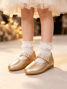 1 Pair Gold Girls' Pearl Strap Mary Jane Flat Shoes, Round Toe Formal Shoes, Children Flower Girl Princess Shoes, Suitable For Wedding Party Performance - Gold - View 2