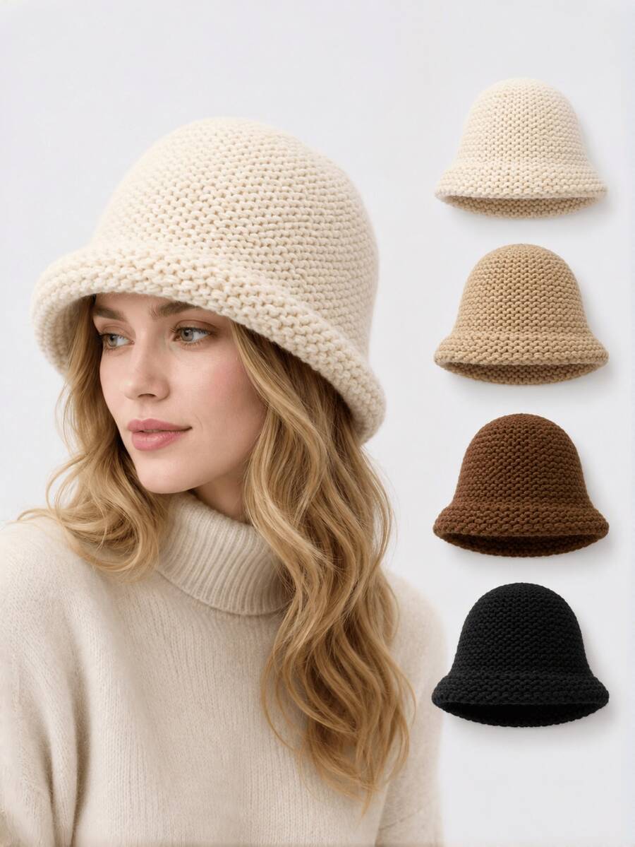 1pc New Autumn/Winter Women's Bucket Hat, Premium Feel, Face-Slimming, Versatile Solid Color Knitted Rolled Edge Woolen Bucket Hat - Multicolor - View 1