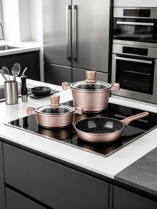 11 Pcs Champagne Aluminum Cookware Set, Glass Lids With Heat‑Resistant Handles, Comes With 2 Accessories, Compatible With Gas And Induction Cooker, Suitable For Making Soup, Stewing And Frying All Kinds Of Ingredients In Household Kitchen - View 8