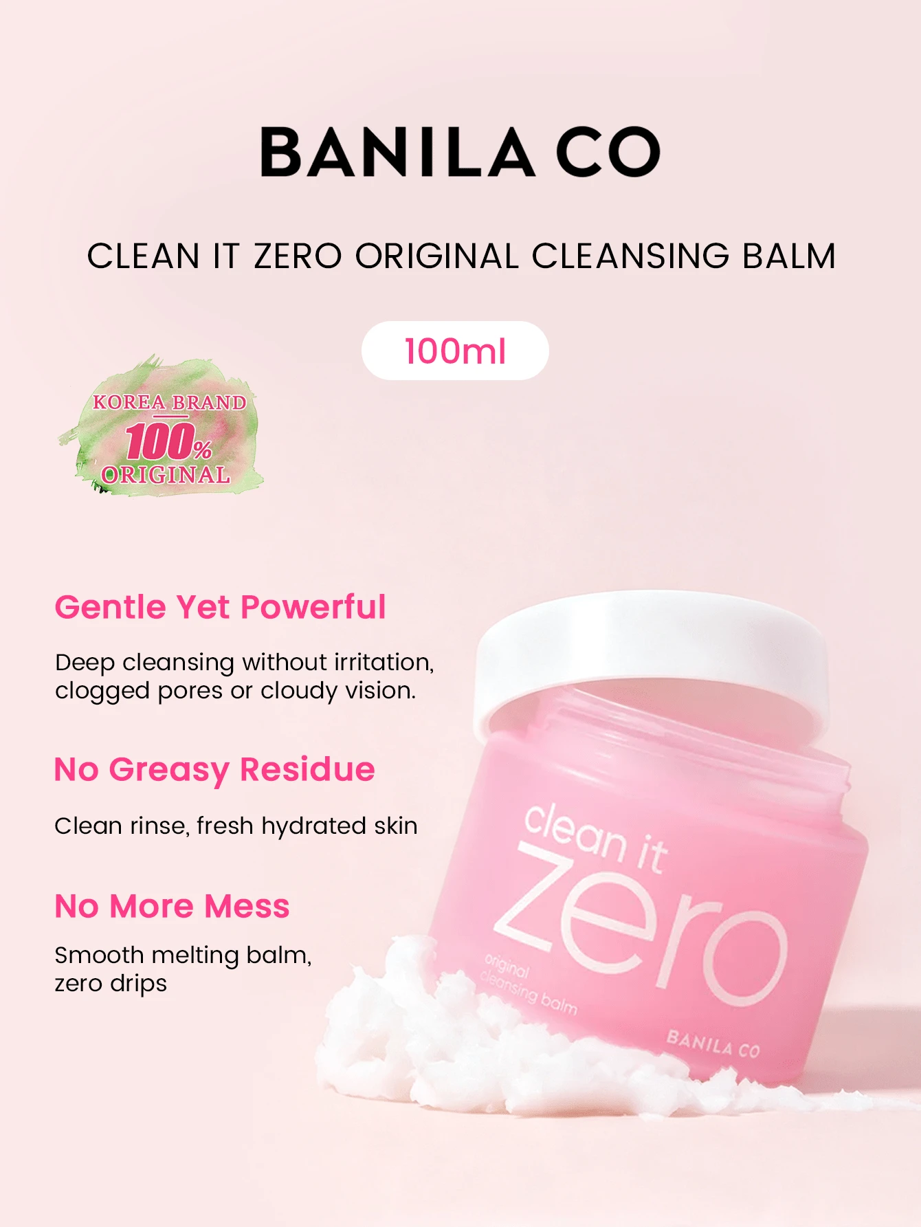 Banila Co Bálsamo de Limpeza Original Clean It Zero, Derrete a Maquiagem, Emulsioniza com Água, Limpeza Profunda, Hidratante Sem Sensação de Aperto, Beleza Coreana, Olive Young, Presente, 100ml/3,38 Fl.Oz.