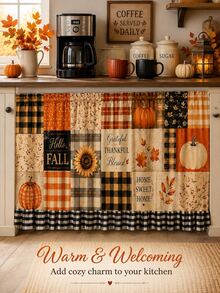 1pc Orange Beige Pumpkin Sunflower Patchwork Under Sink Curtain, Rustic Polyester Rectangular Rod Pocket Cabinet Cover With Plaid Ruffle Hem, Decorative Concealer For Kitchen Storage, Fall Decor, Home Decor, Kitchen Essentials - Multicolor - View 11