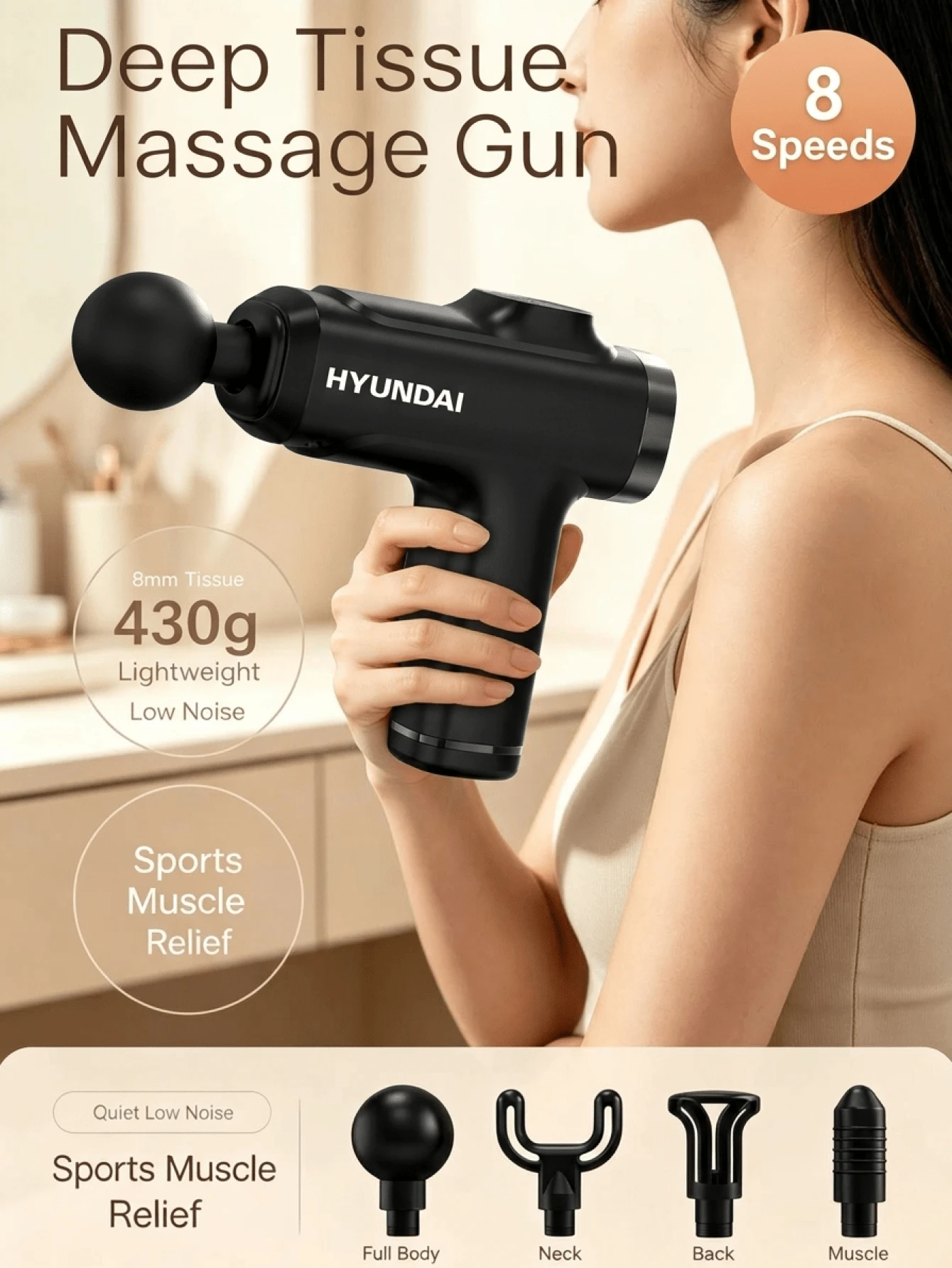 Portable Deep Tissue Percussion Massage Gun With 4 Massage Heads And 8 Speed Levels, Powerful Handheld Fascia Massager For Muscle Relaxation, Rechargeable Long-Lasting Body Massager For Neck, Shoulders, Back, Arms And Legs, Portable Recovery Tool - Multicolor - View 1