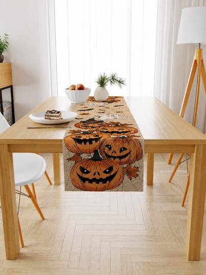 1 tấm khăn trải bàn dài Halloween họa tiết bí ngô ma, đèn lồng Jack-O'-Lantern, mũ phù thủy, dơi, mạng nhện và lá phong, màu cam đen vintage, trang trí mặt bàn cho phòng ăn, nhà bếp, bàn tráng miệng tiệc Halloween, tiệc mùa thu và trang trí nhà ngày lễ