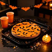 10pcs/30pcs/50pcs Halloween Orange And Black Bat Paper Plate, 7/9 Inch, Decorated With Orange And Black Bat Pattern, Disposable Paper Plate, Suitable For Halloween Parties, Day Of The Dead, Birthday And Holiday Table Decorations. - View 7